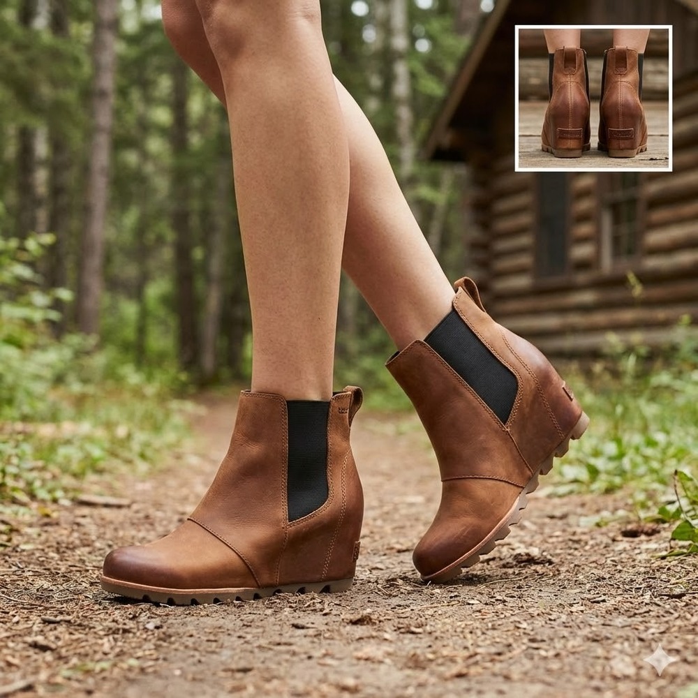 Sorel Women's Lea Wedge Chelsea Boot Waterproof Leather Dark Brown Quarry Size 6